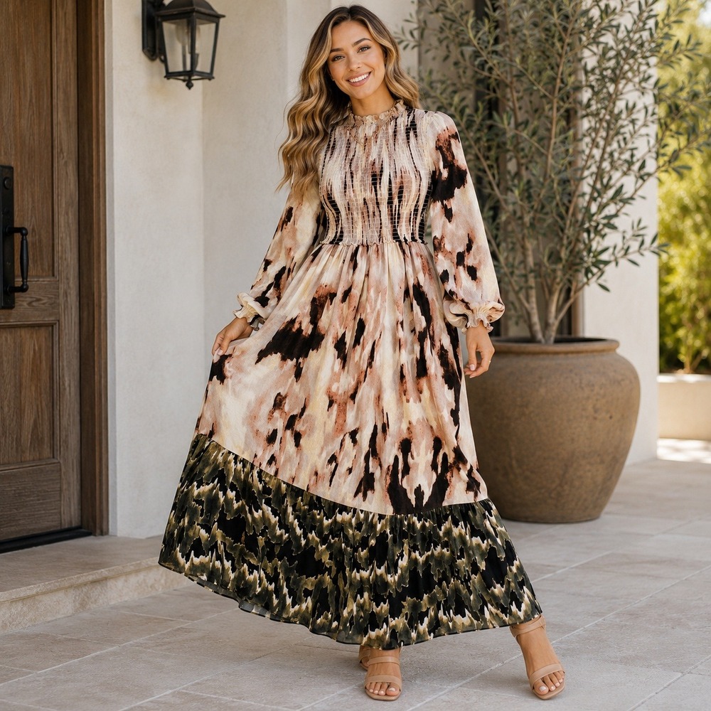 Melloday Flowy Maxi Dress Women SM Tan Brown Abstract Smocked Long Sleeve Boho